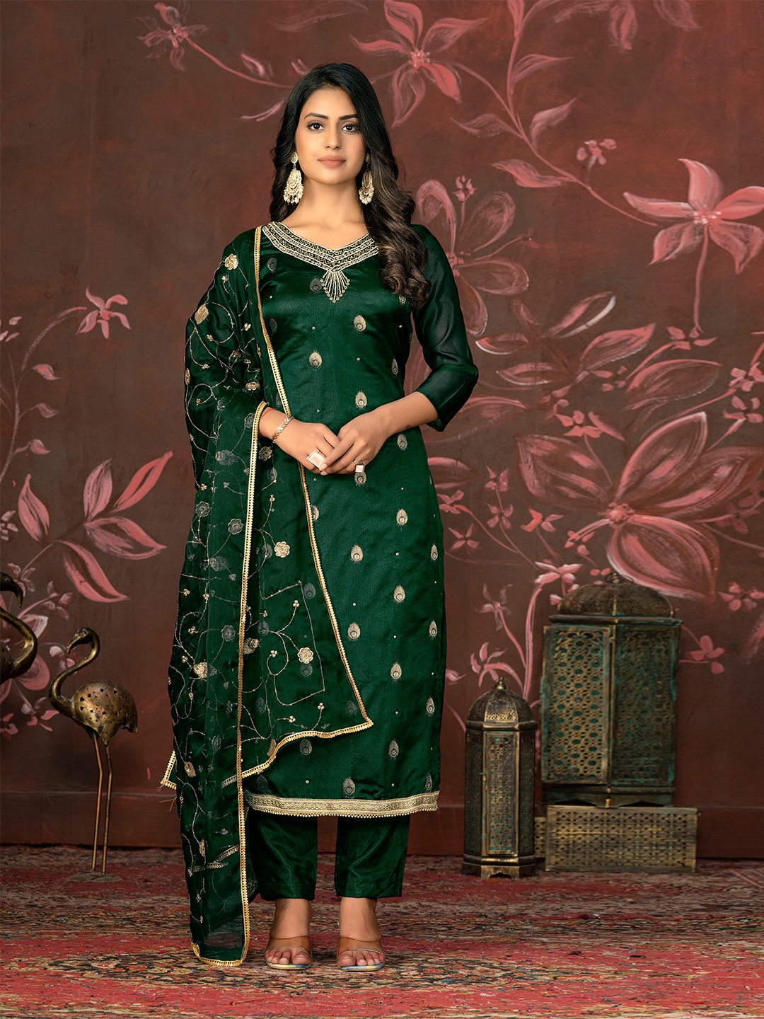 

MANVAA Ethnic Motifs Woven Design Banarasi Jacquard Unstitched Dress Material, Green