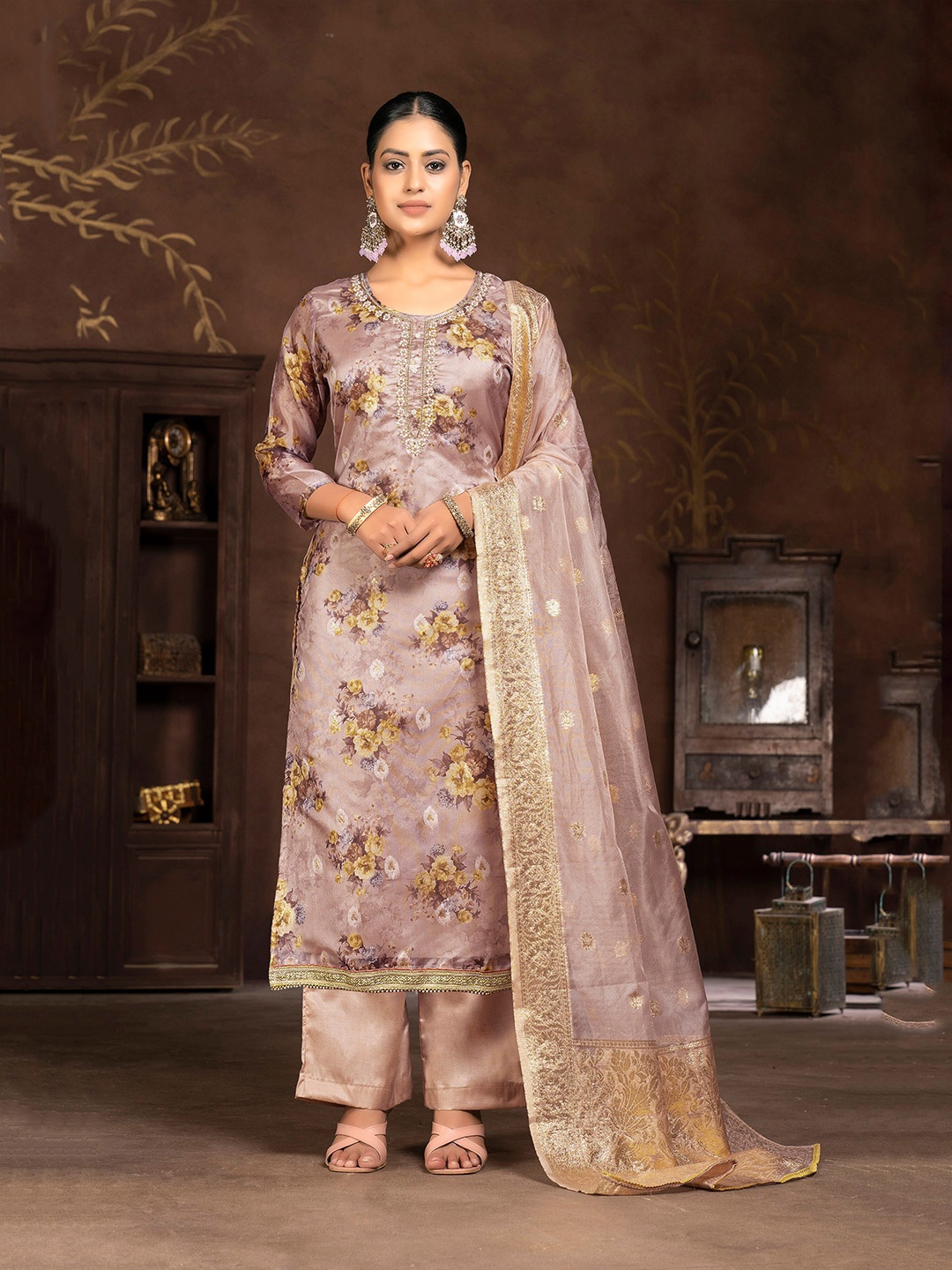 

MANVAA Floral Printed Beads and Stones Unstitched Dress Material, Brown