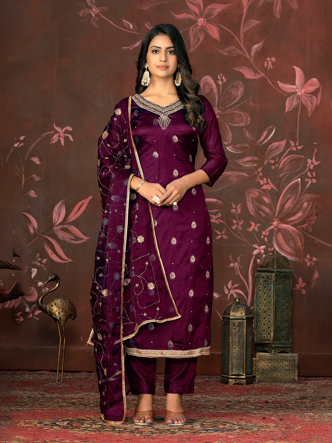 

MANVAA Ethnic Motifs Embellished Organza Unstitched Dress Material, Maroon