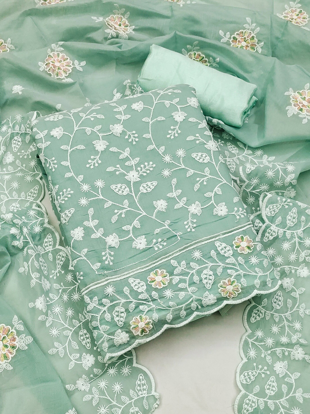 

MANVAA Floral Embroidered Beads and Stones Unstitched Dress Material, Sea green