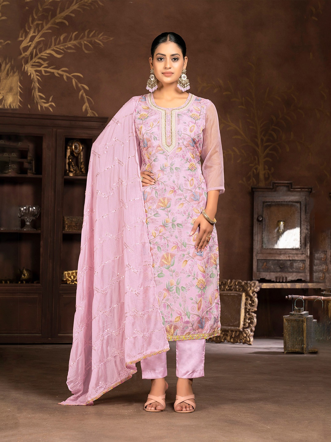 

MANVAA Floral Printed Beads & Stones Unstitched Dress Material, Pink