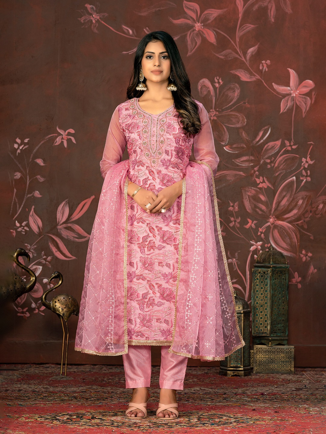 

MANVAA Floral Embroidered Beads & Stones Unstitched Dress Material, Pink