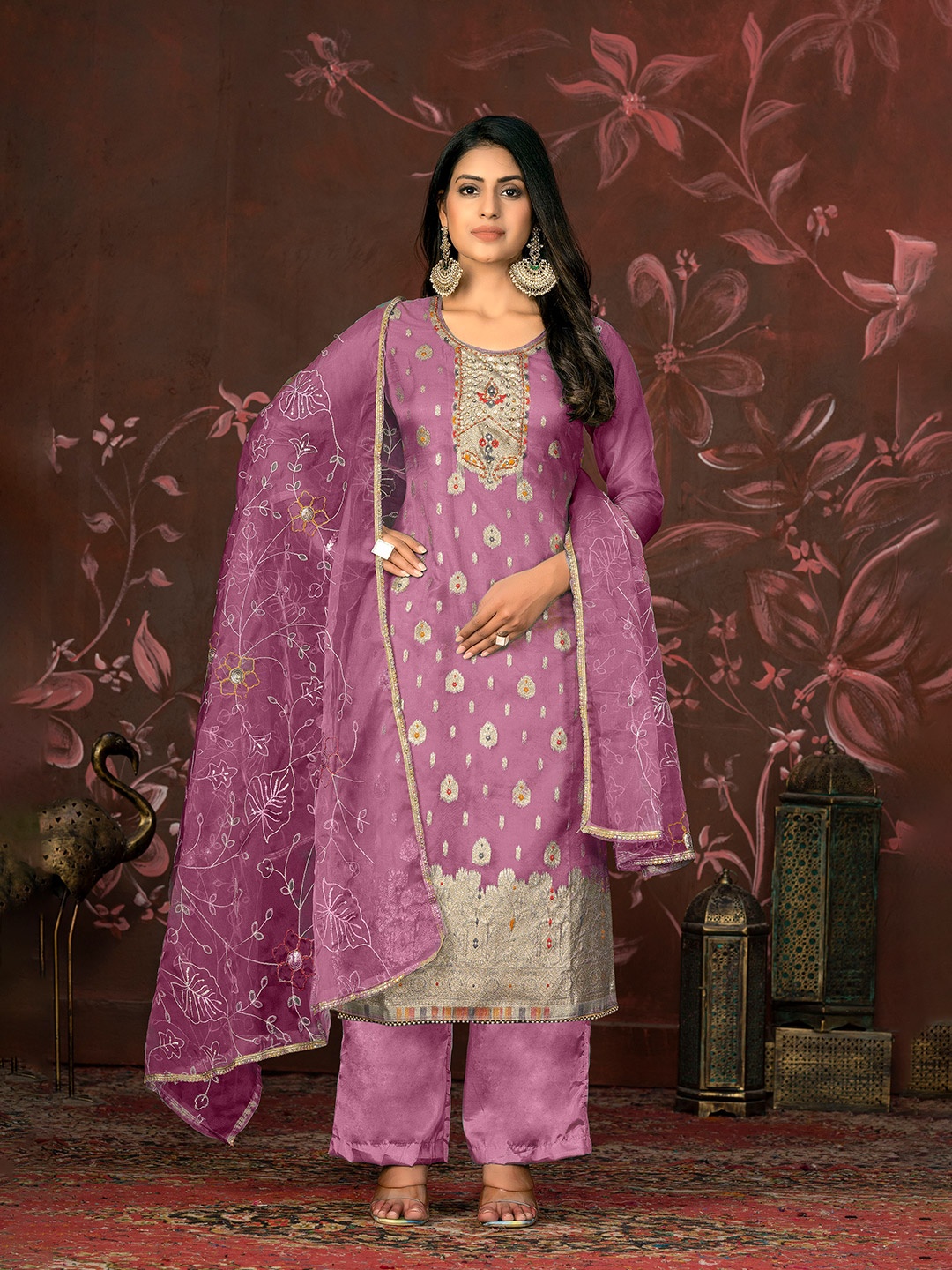 

MANVAA Ethnic Motifs Woven Design Zari Unstitched Dress Material, Purple