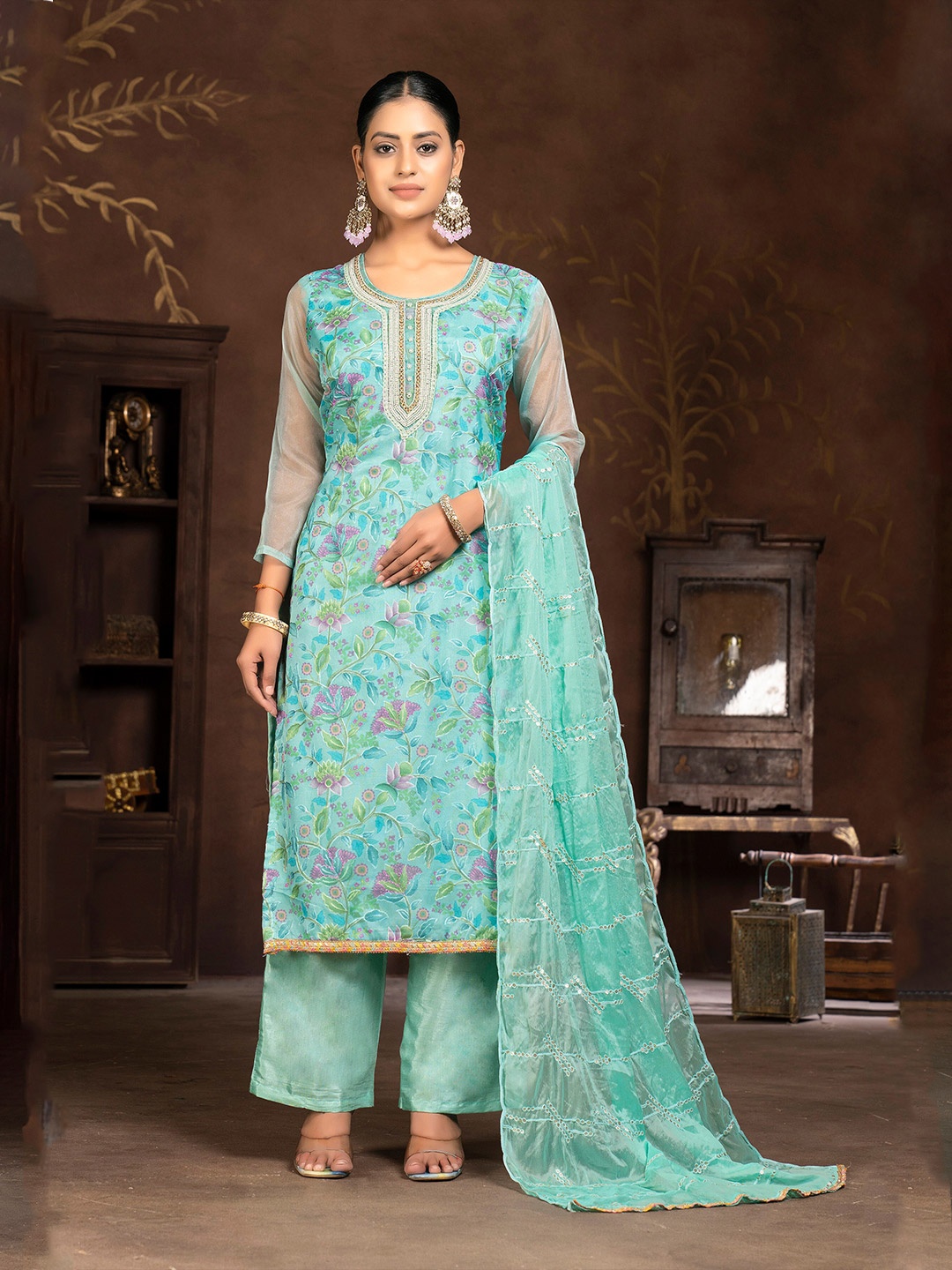 

MANVAA Embroidered Organza Unstitched Dress Material, Turquoise blue