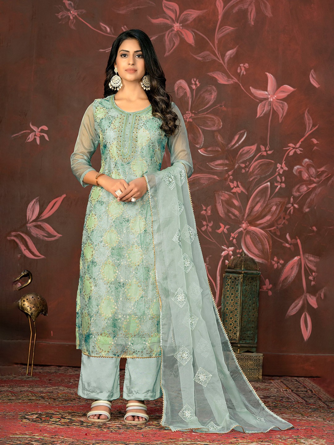 

MANVAA Floral Embellished Beads and Stones Organza Unstitched Dress Material, Green