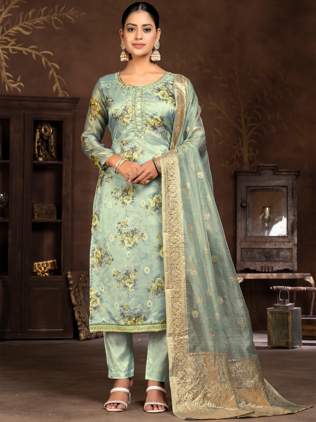

MANVAA Floral Printed Unstitched Dress Material, Sea green