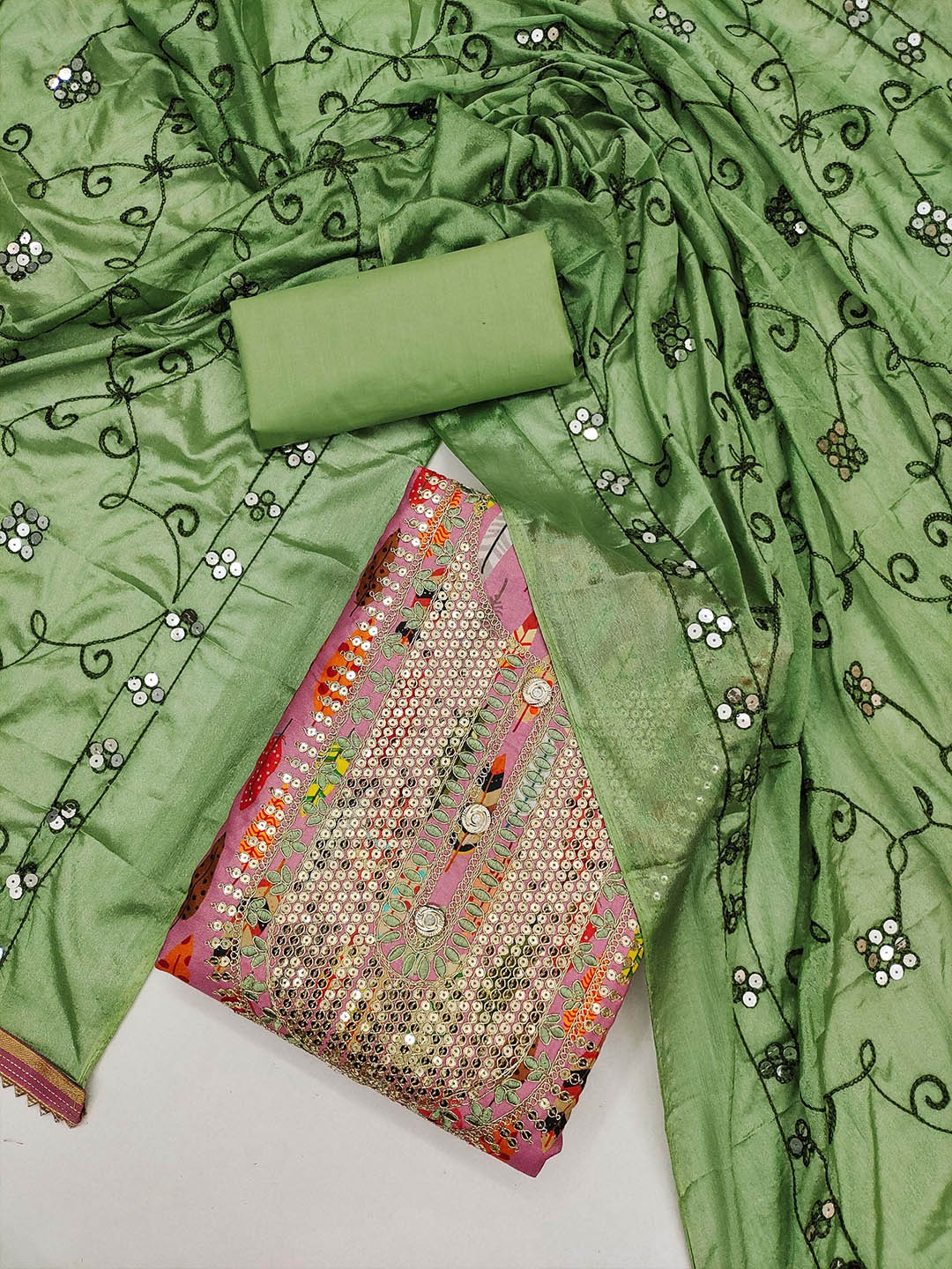 

MANVAA Floral Embellished Unstitched Dress Material, Green
