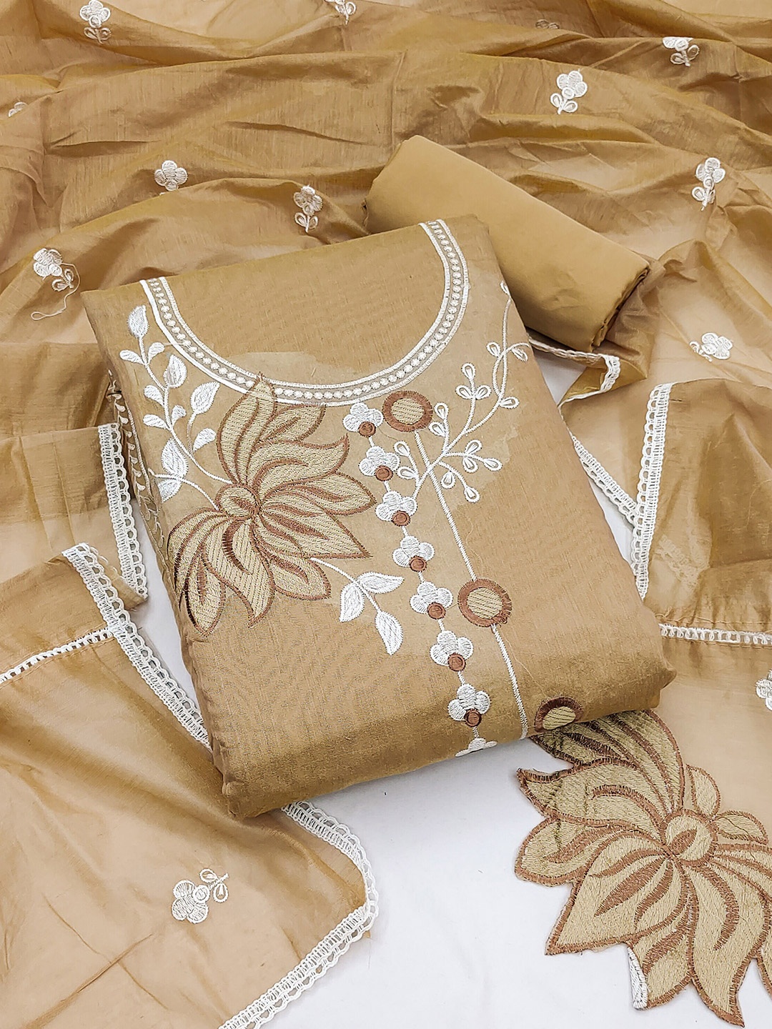 

MANVAA Embroidered Unstitched Dress Material, Beige