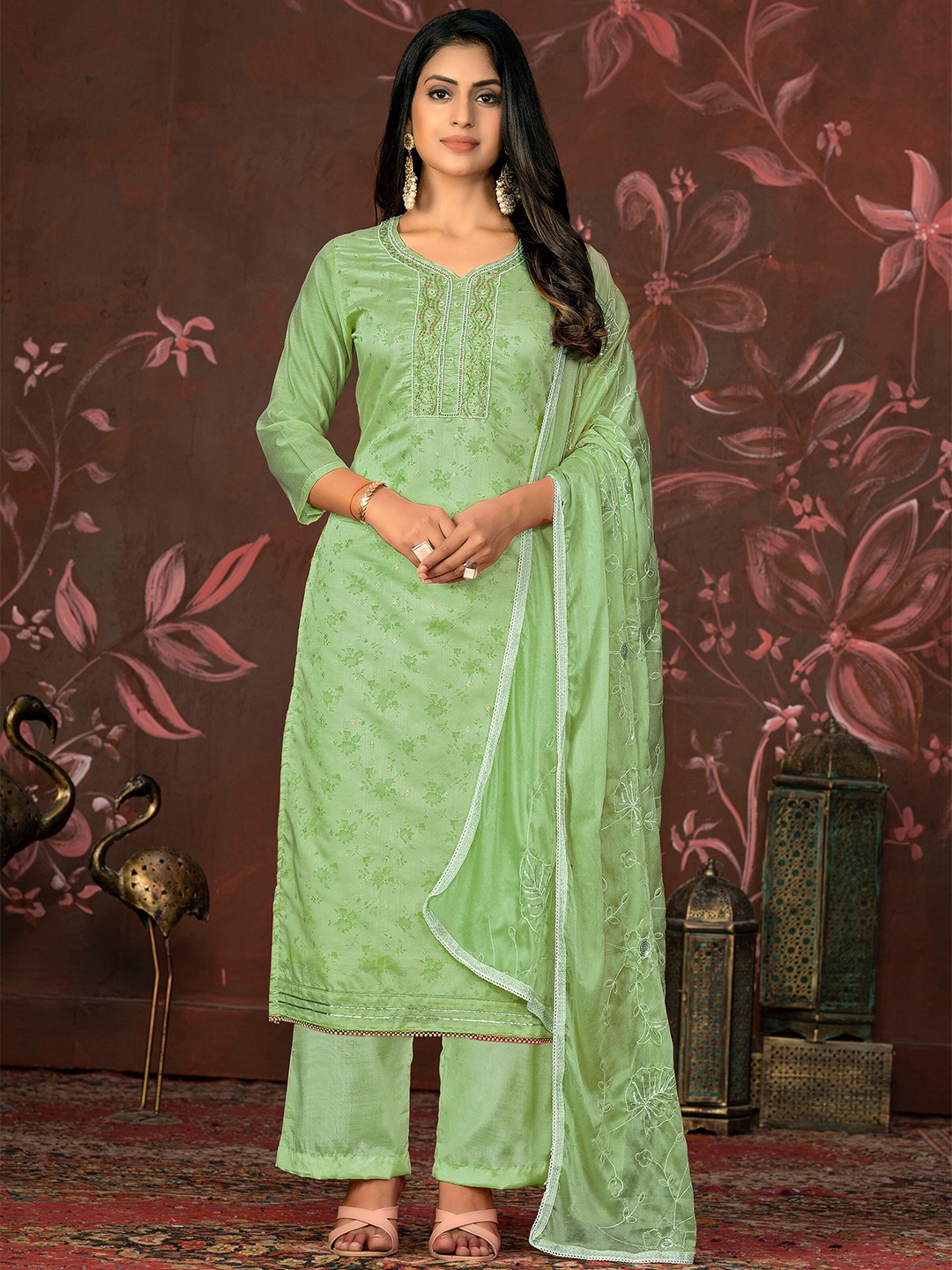 

MANVAA Floral Printed Beads & Stones Unstitched Dress Material, Green