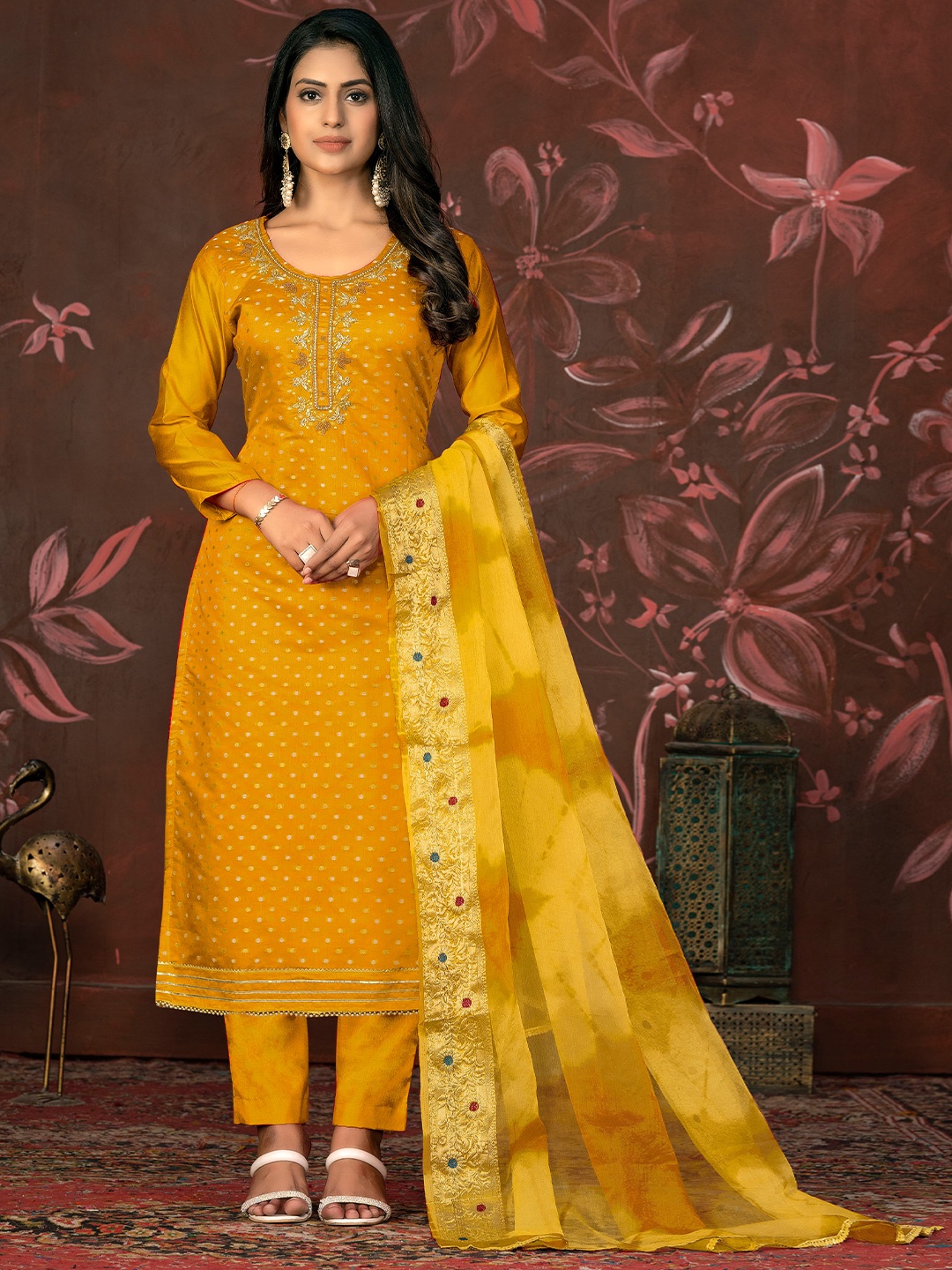 

MANVAA Ethnic Motifs Woven Design Beads & Stones Jacquard Unstitched Dress Material, Yellow