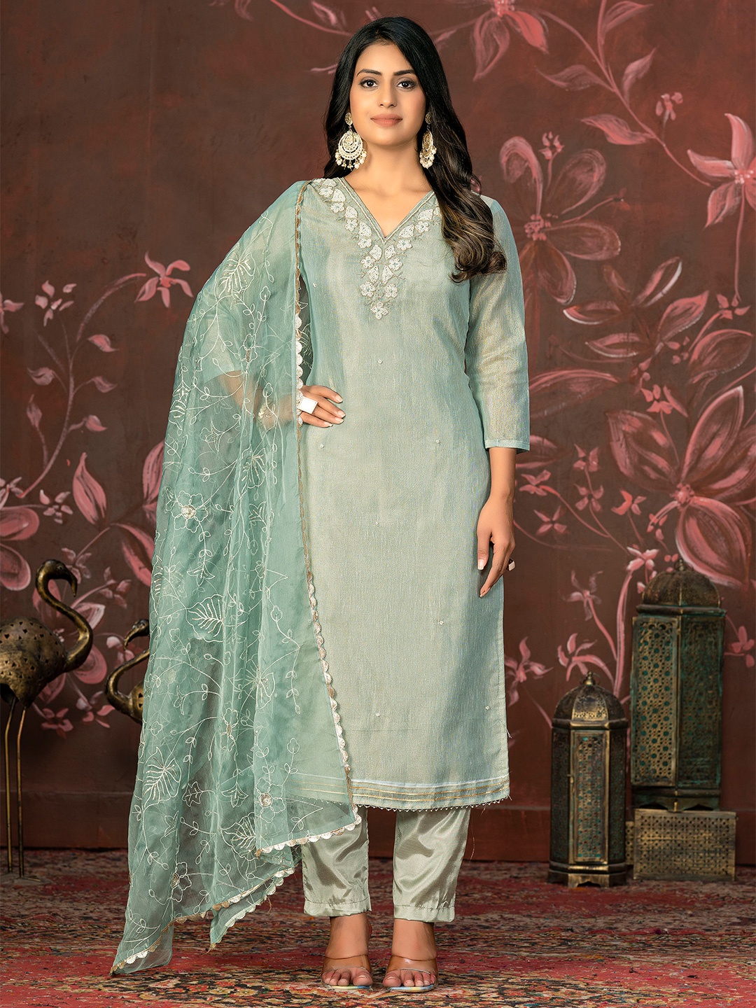 

MANVAA Floral Embroidered Unstitched Dress Material, Grey