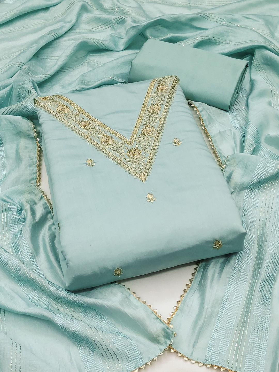 

MANVAA Floral Embroidered Unstitched Dress Material, Sea green