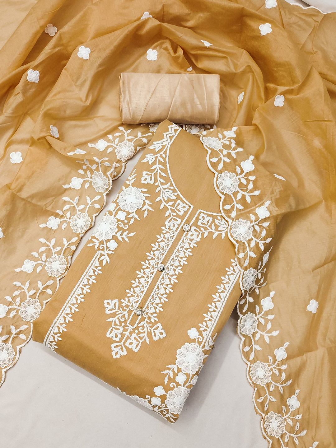 

MANVAA Floral Embroidered Unstitched Dress Material, Beige