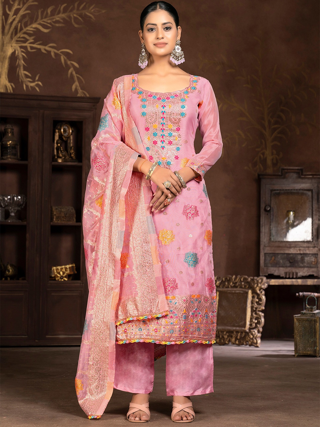 

MANVAA Floral Woven Design Banarasi Jacquard Unstitched Dress Material, Pink