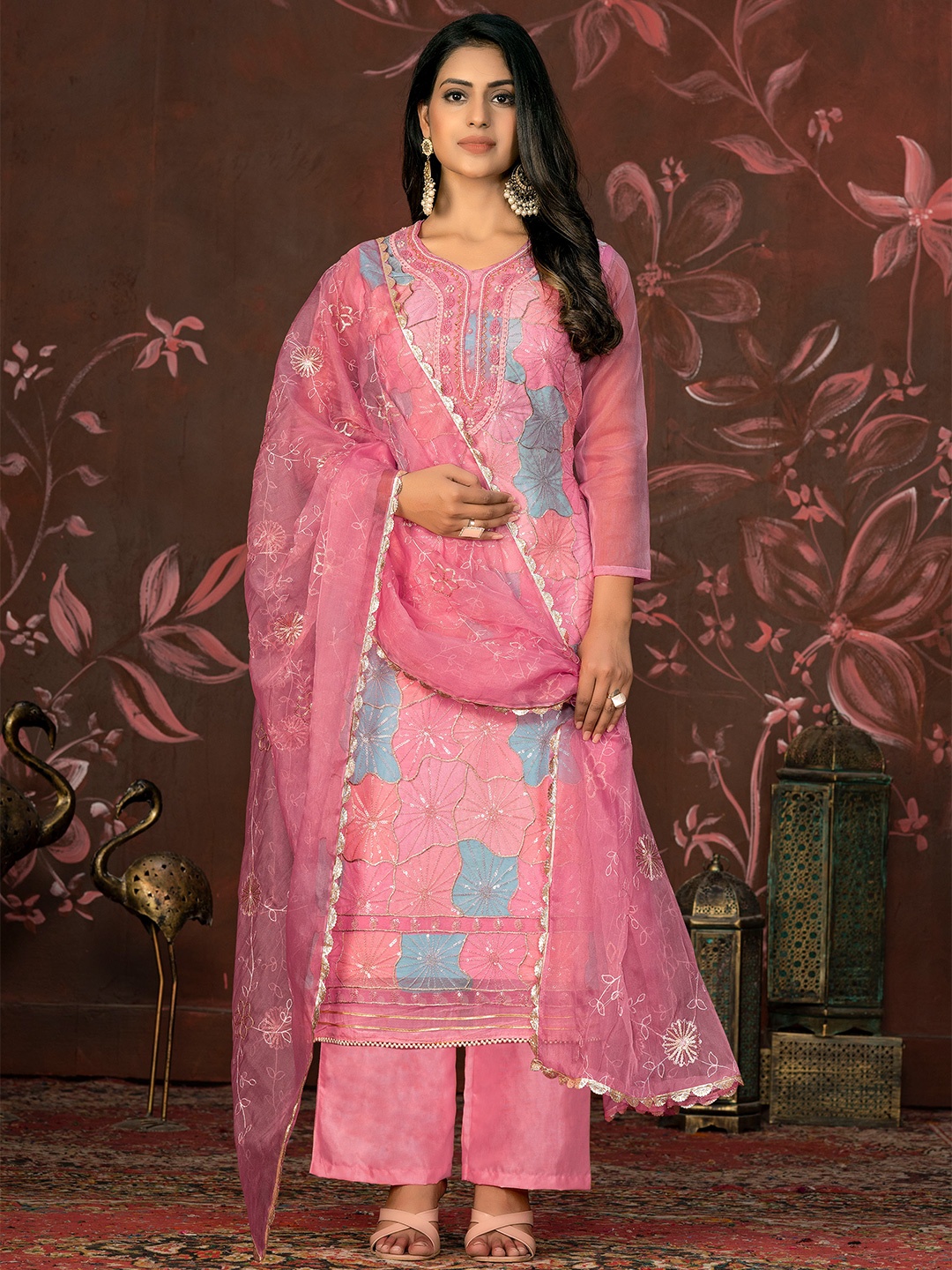 

MANVAA Floral Embellished Sequinned Unstitched Dress Material, Pink