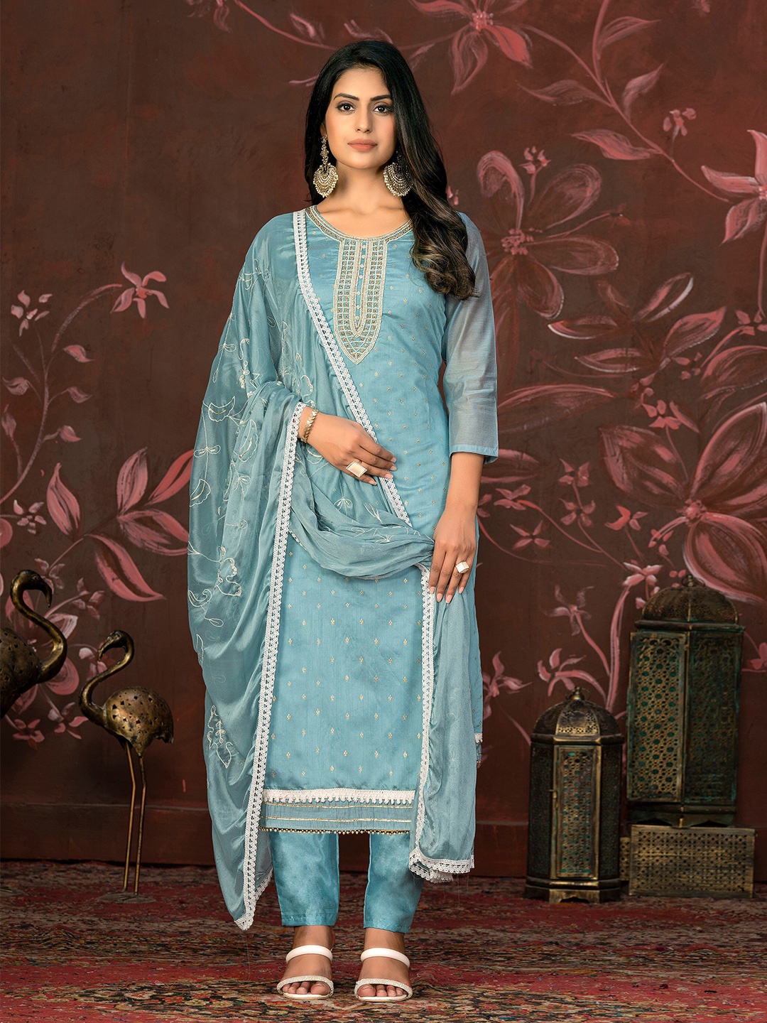 

MANVAA Embellished Unstitched Dress Material, Teal