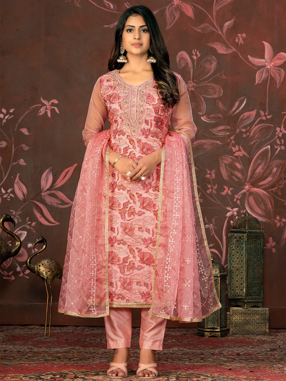 

MANVAA Floral Embroidered Beads & Stones Unstitched Dress Material, Peach