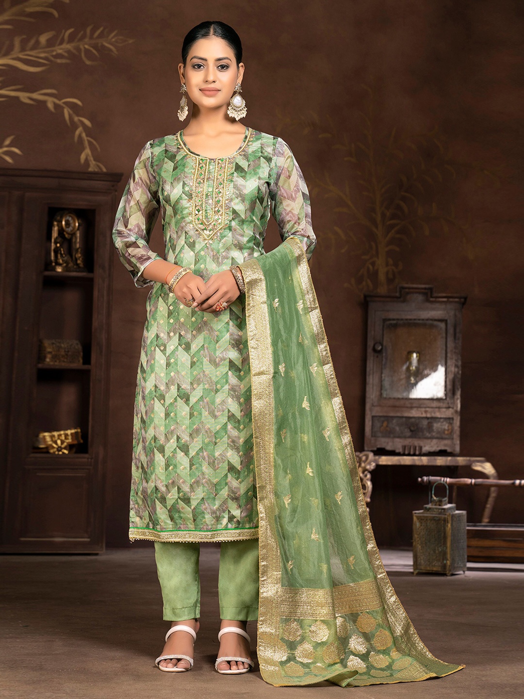 

MANVAA Geometric Printed Unstitched Dress Material, Green