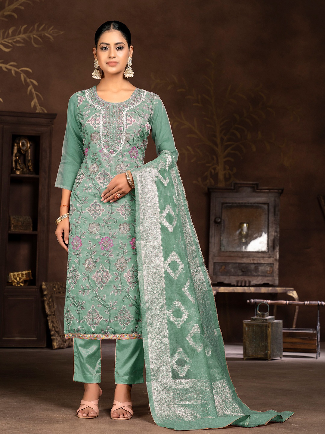 

MANVAA Ethnic Motifs Embroidered Organza Unstitched Dress Material, Sea green