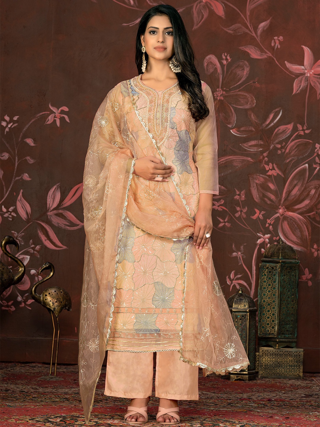 

MANVAA Printed Organza Unstitched Dress Material, Beige