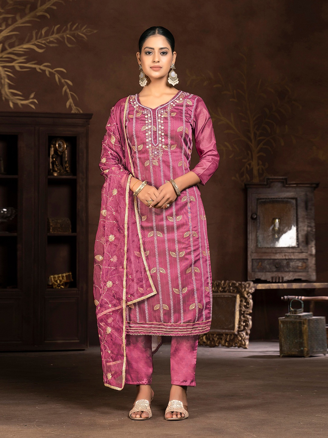 

MANVAA Floral Embroidered Unstitched Dress Material, Pink