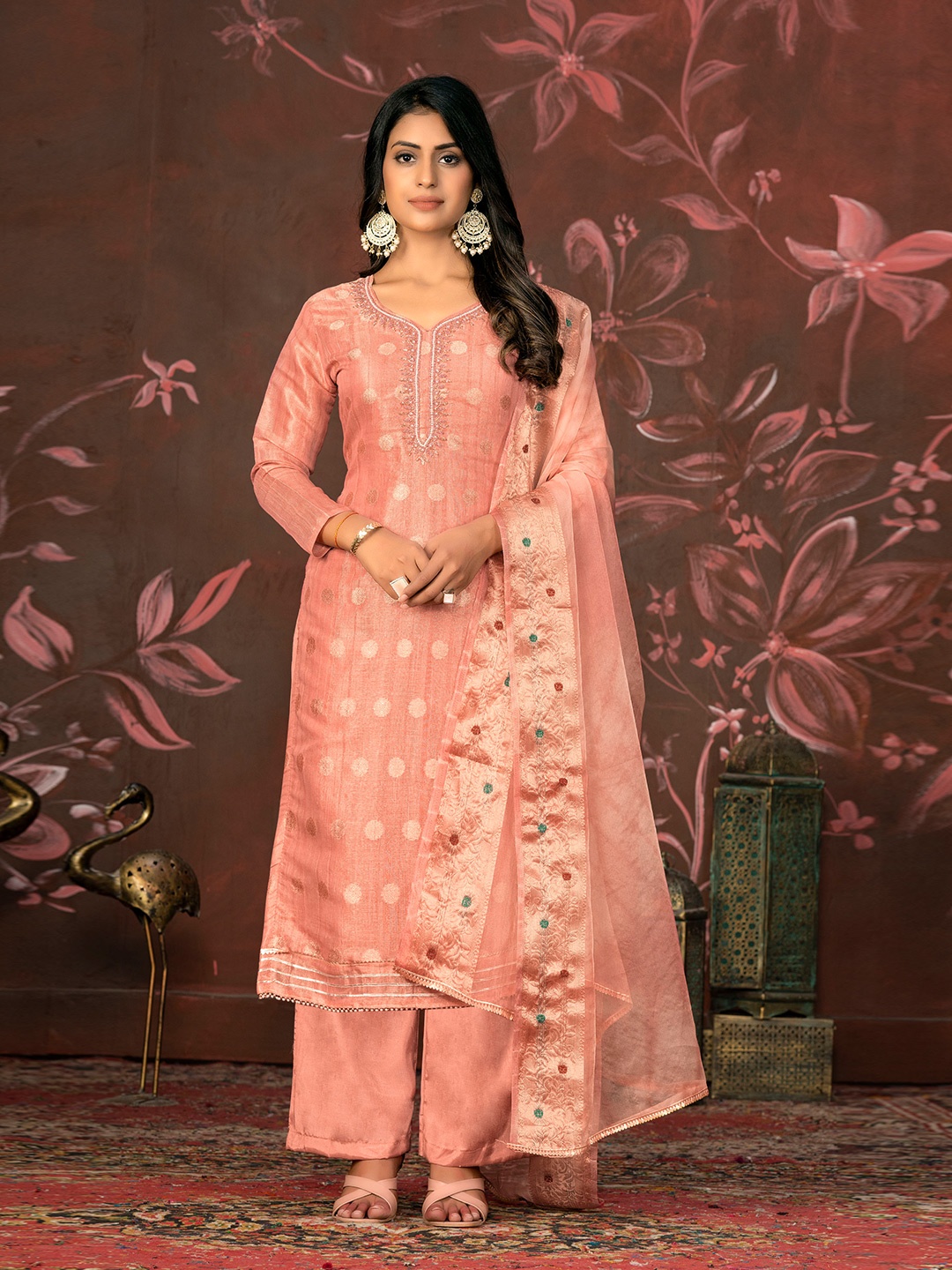 

MANVAA Woven Design Unstitched Dress Material, Peach