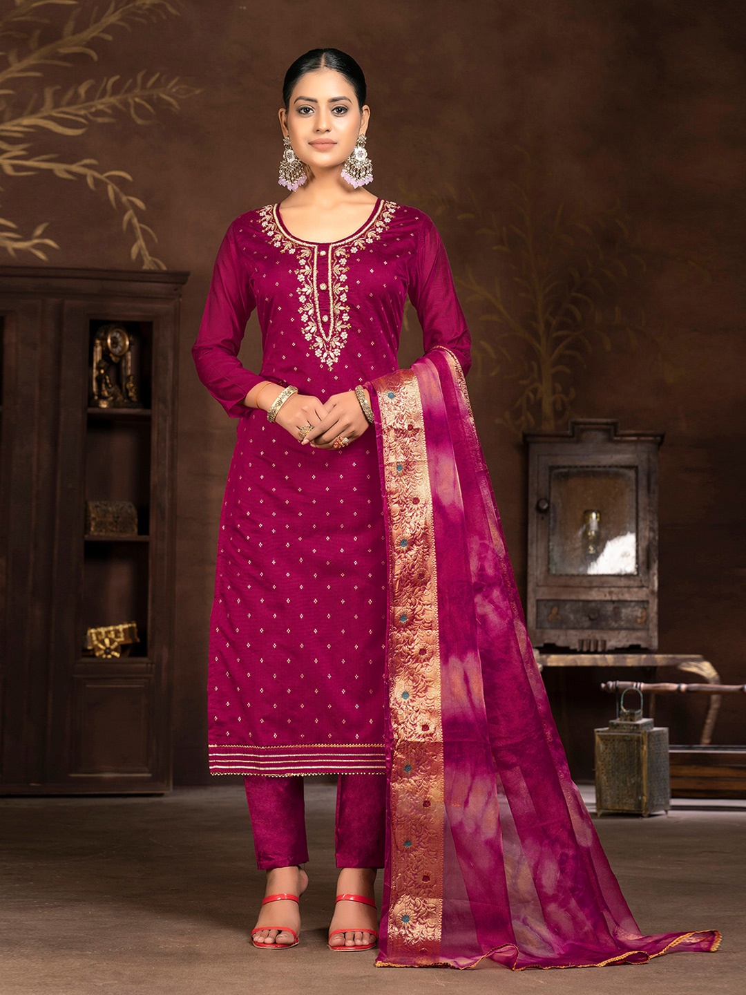 

MANVAA Printed Unstitched Dress Material, Magenta