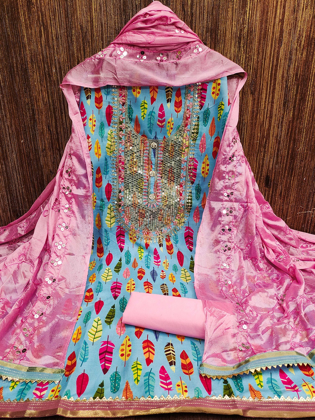 

MANVAA Embroidered Sequinned Unstitched Dress Material, Blue