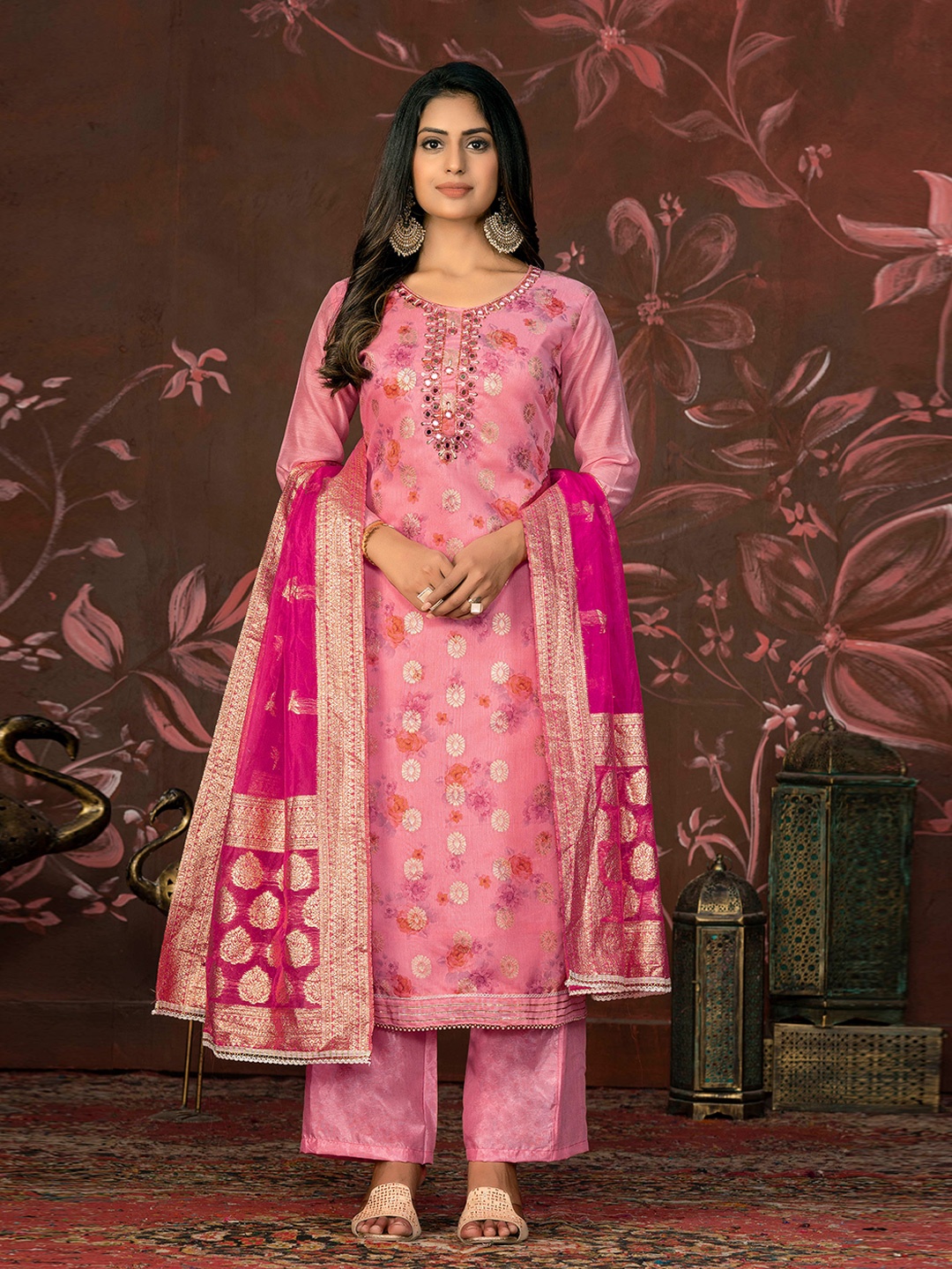 

MANVAA Floral Printed Unstitched Dress Material, Pink