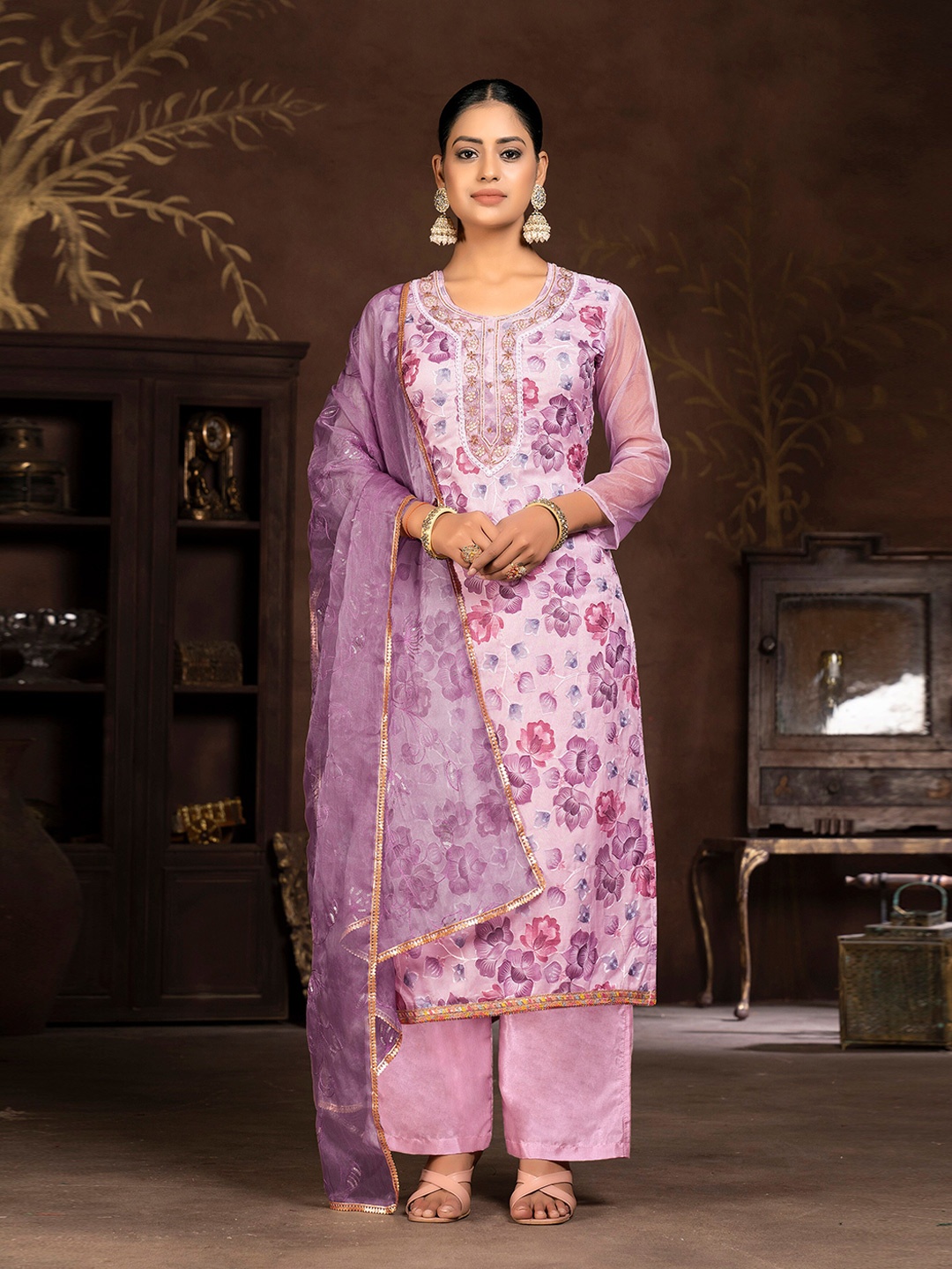 

MANVAA Floral Printed Beads and Stones Organza Unstitched Dress Material, Purple