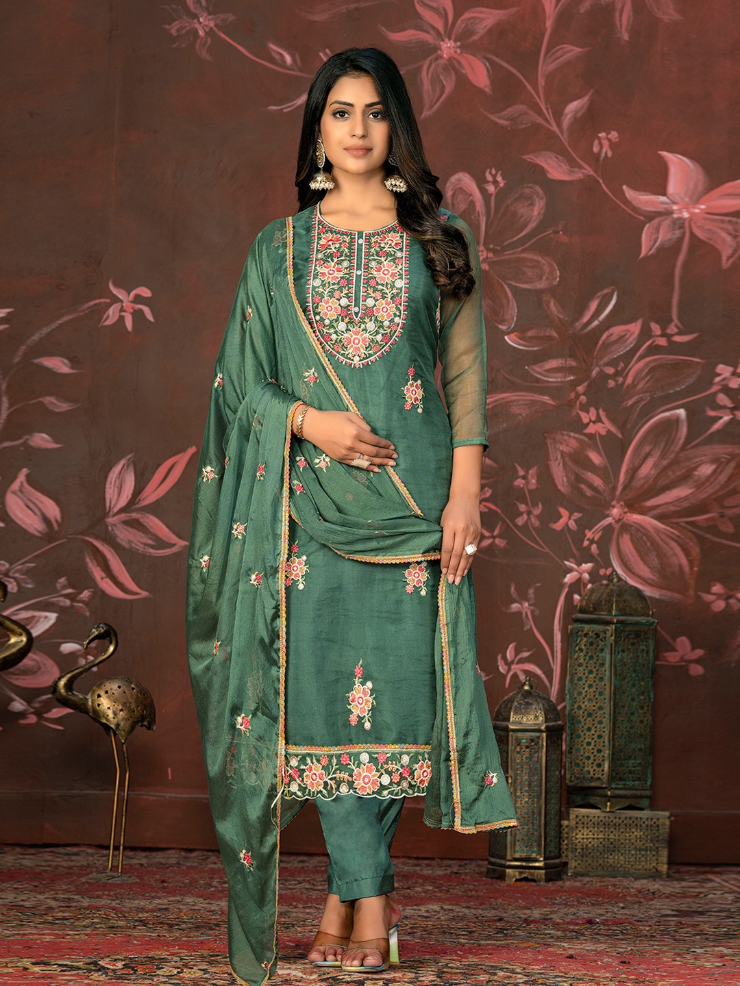 

MANVAA Floral Embroidered Unstitched Dress Material, Green