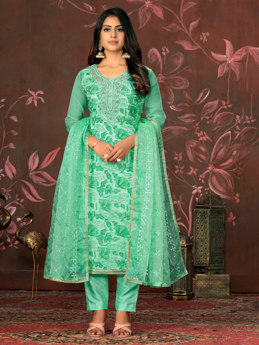 

MANVAA Floral Printed Organza Unstitched Dress Material, Green