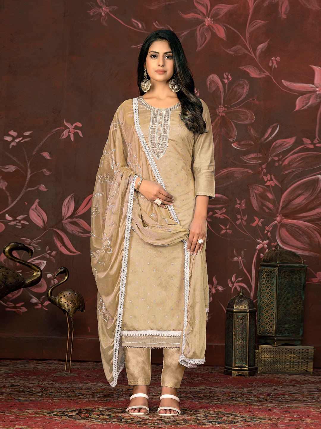 

MANVAA Embellished Beads and Stones Unstitched Dress Material, Beige