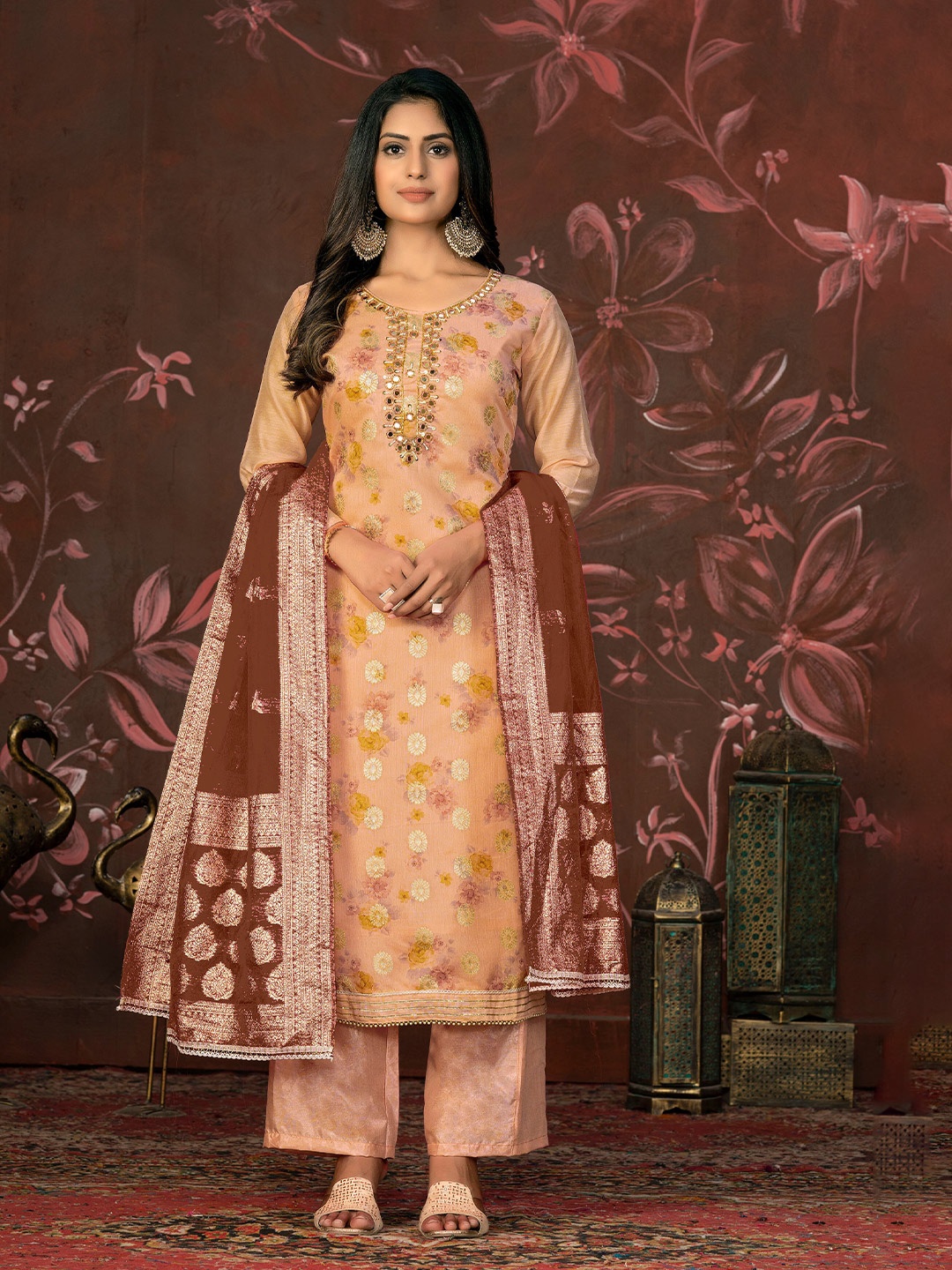 

MANVAA Ethnic Motifs Printed Mirror Work Unstitched Dress Material, Peach
