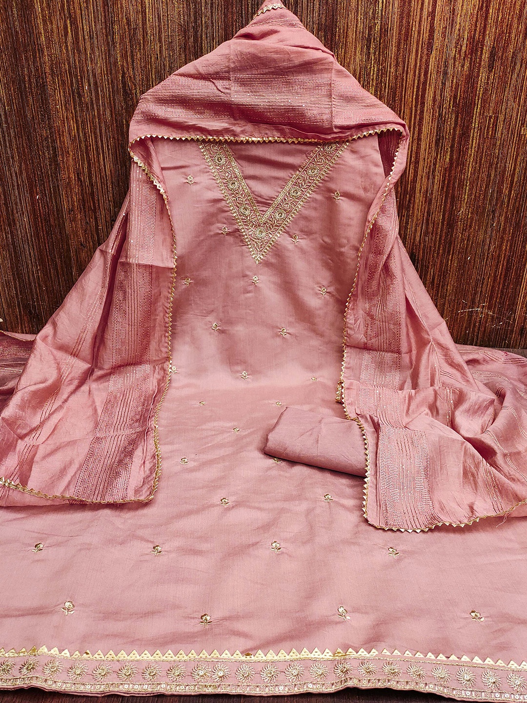 

MANVAA Floral Embroidered Sequinned Unstitched Dress Material, Pink