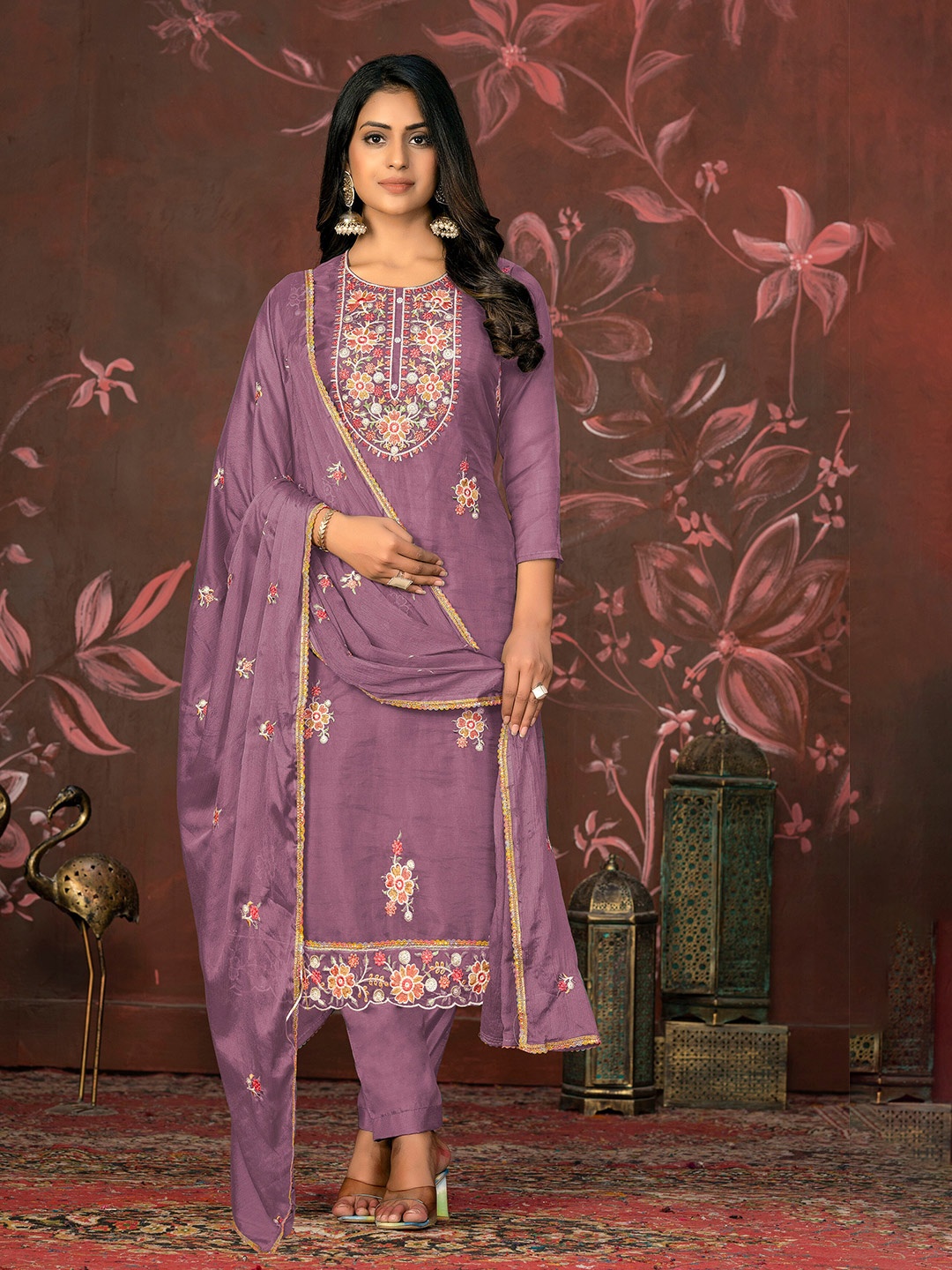 

MANVAA Floral Embroidered Organza Unstitched Dress Material, Purple