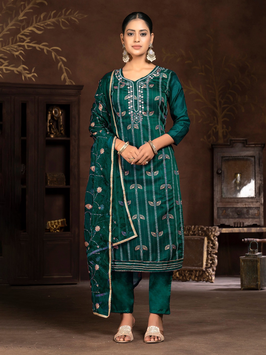 

MANVAA Floral Printed Beads and Stones Unstitched Dress Material, Green