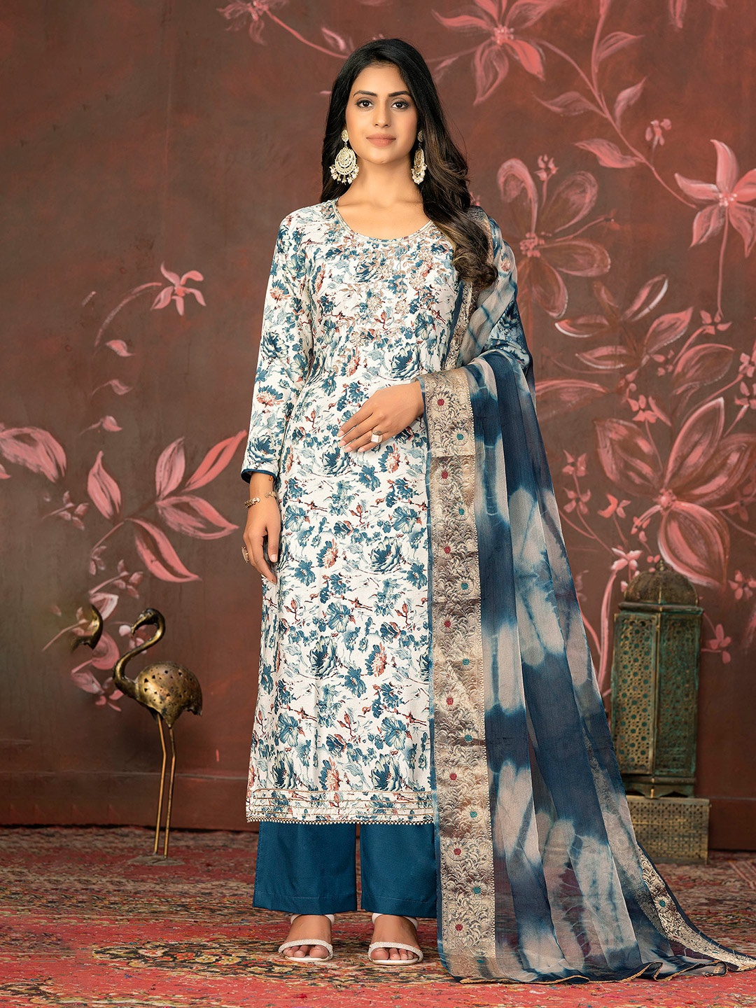 

MANVAA Embellished Unstitched Dress Material, Blue