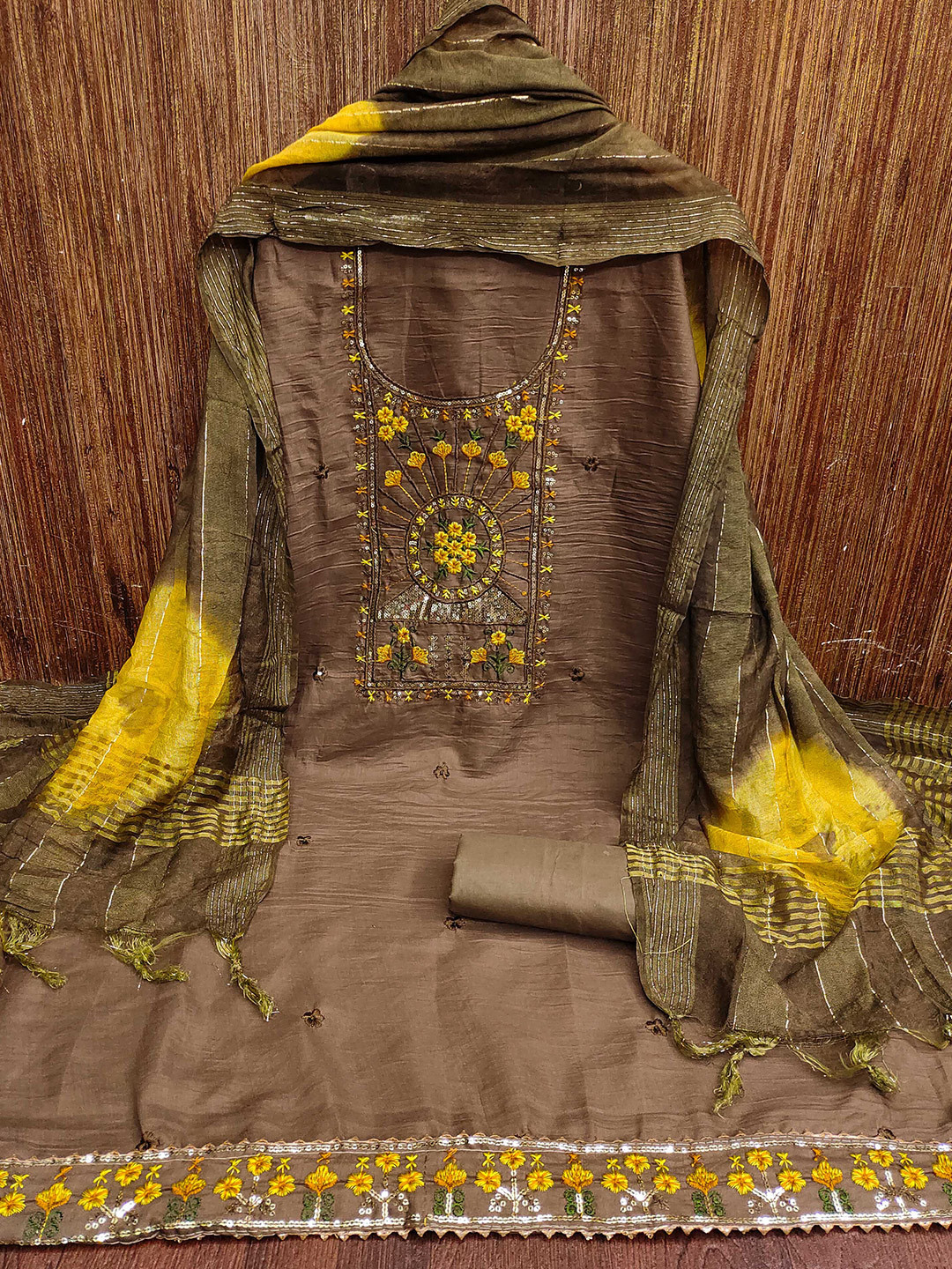 

MANVAA Floral Embellished Sequinned Unstitched Dress Material, Brown