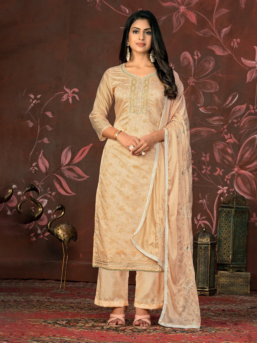 

MANVAA Ethnic Motifs Embellished Beads and Stones Unstitched Dress Material, Beige