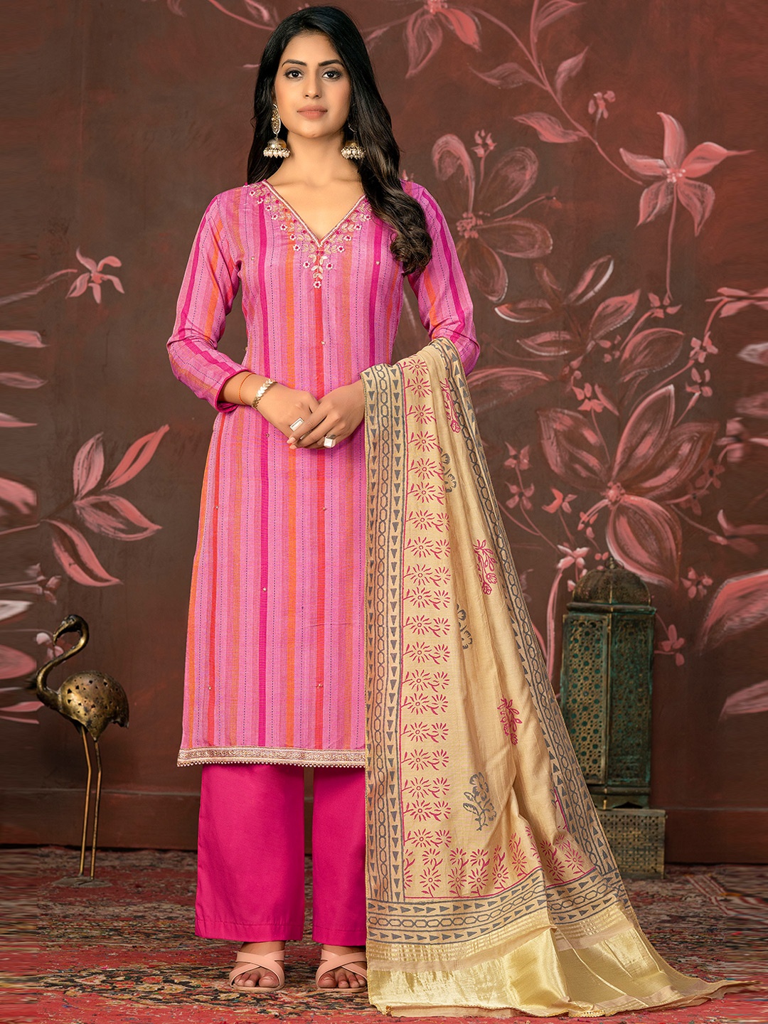 

MANVAA Striped Embellished Beads and Stones Unstitched Dress Material, Pink