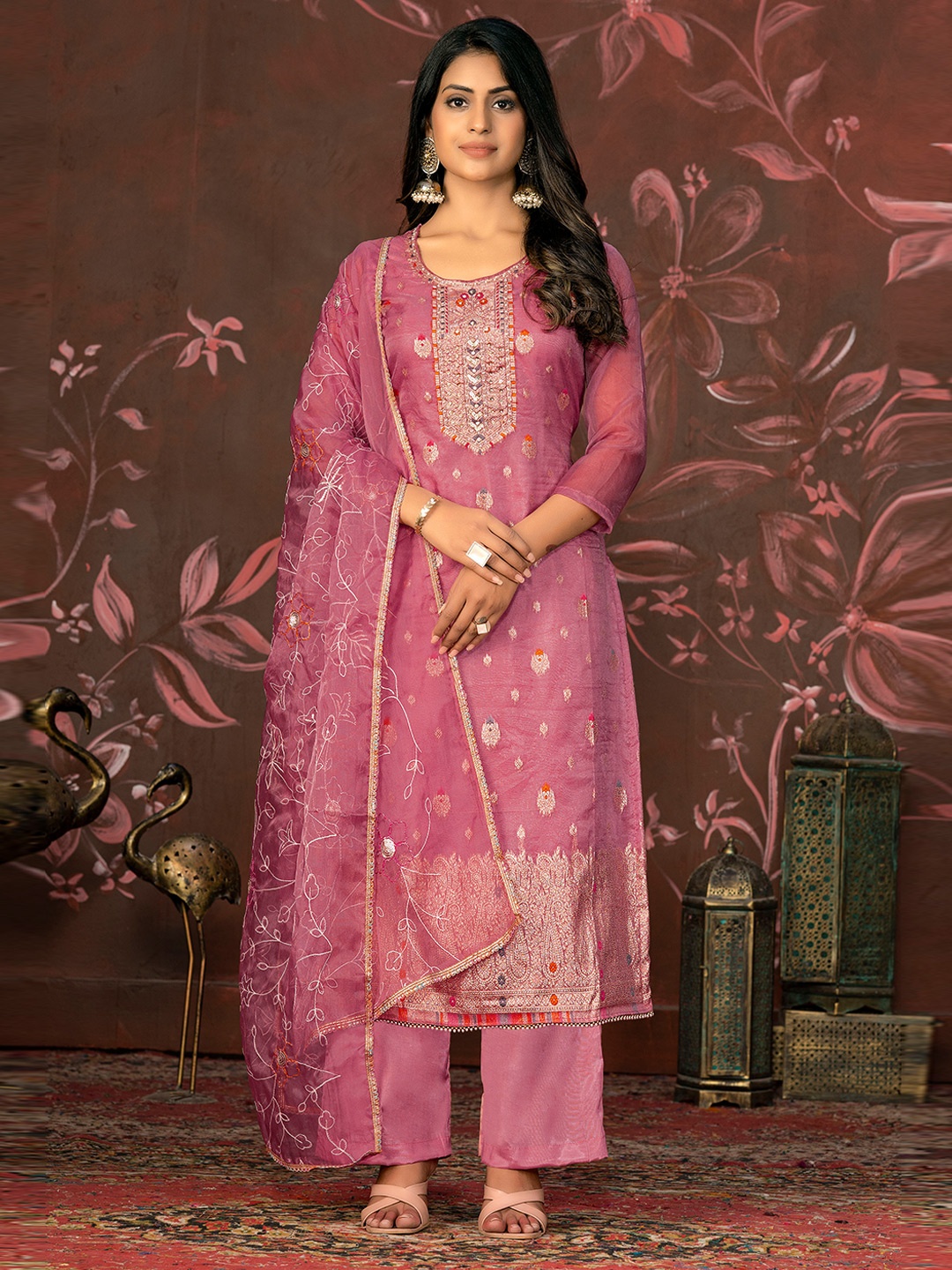 

MANVAA Ethnic Motifs Woven Design Beads & Stones Unstitched Dress Material, Pink