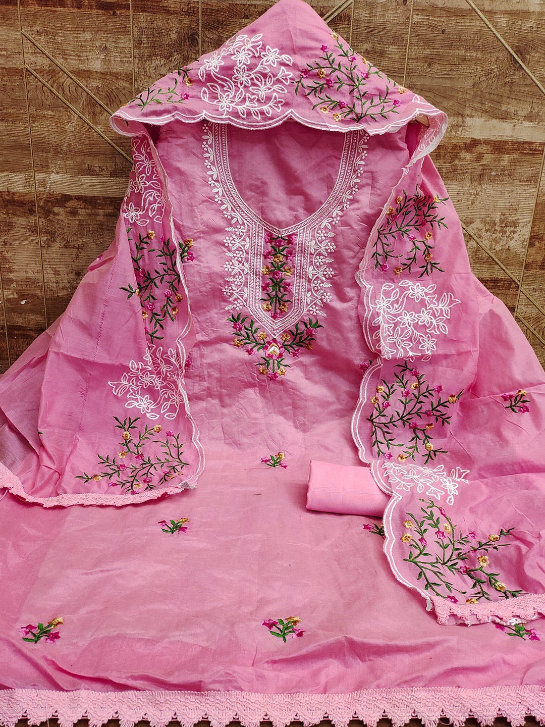 

MANVAA Floral Embroidered Unstitched Dress Material, Pink