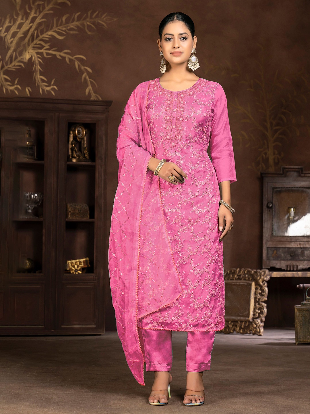 

MANVAA Ethnic Motifs Embroidered Organza Unstitched Dress Material, Pink