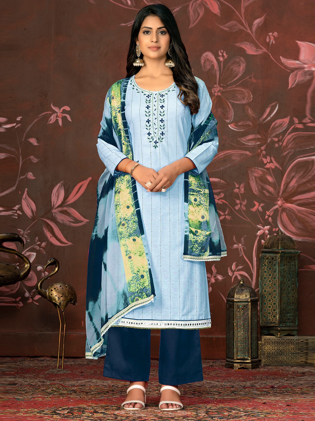 

MANVAA Striped Printed Unstitched Dress Material, Blue