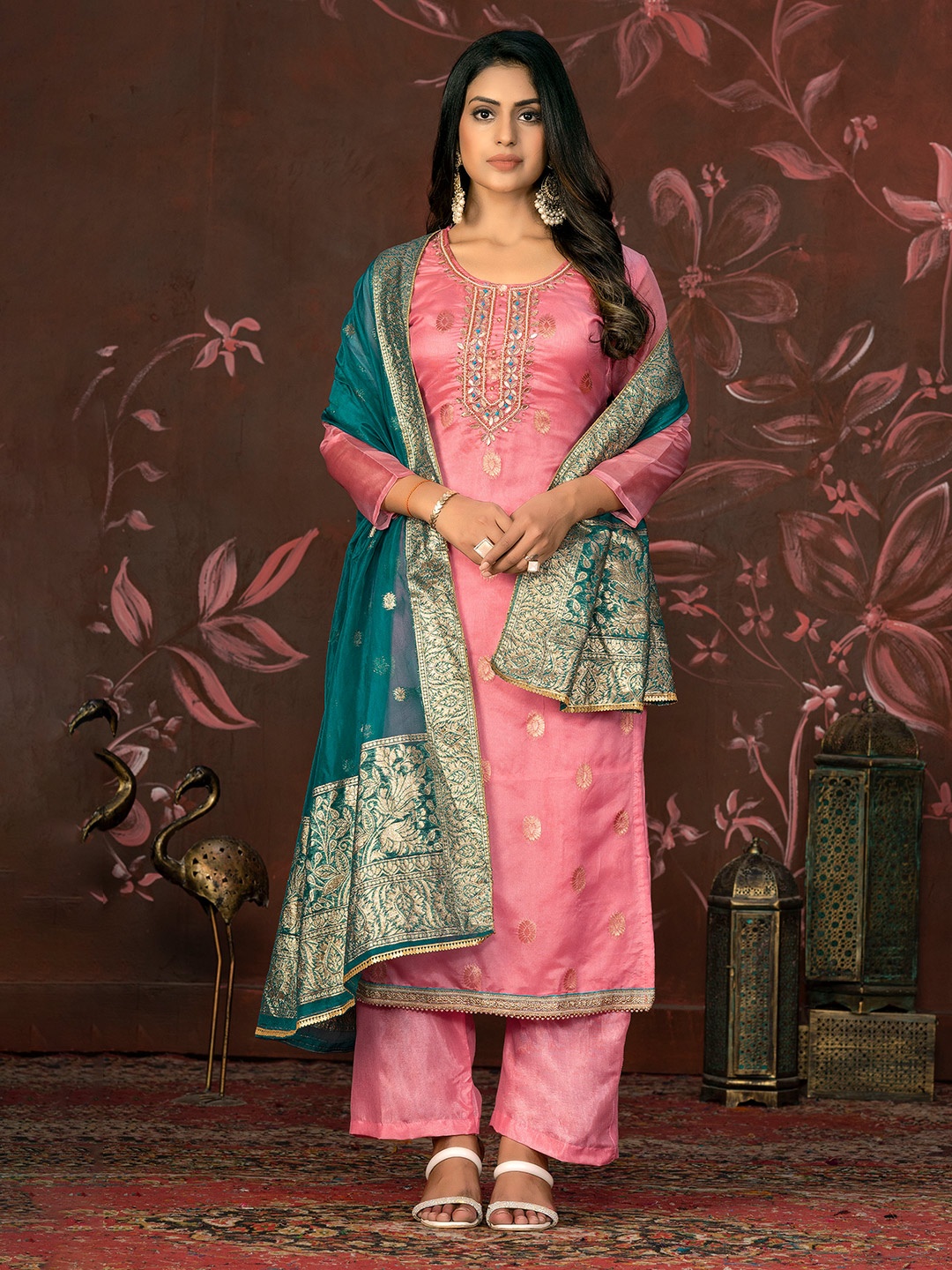 

MANVAA Floral Embellished Beads and Stones Unstitched Dress Material, Pink
