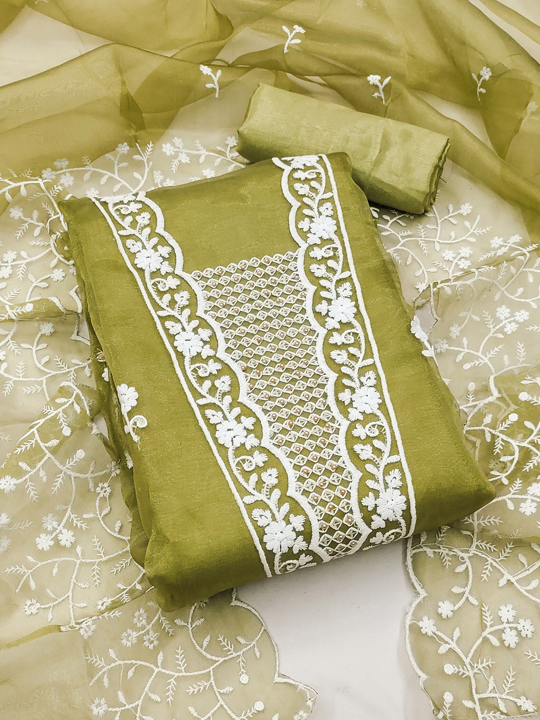 

MANVAA Floral Embroidered Unstitched Dress Material, Lime green