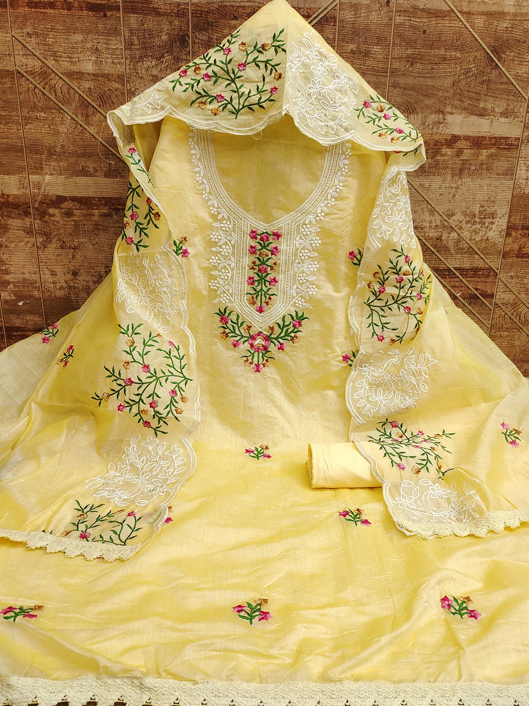 

MANVAA Ethnic Motifs Embroidered Unstitched Dress Material, Yellow