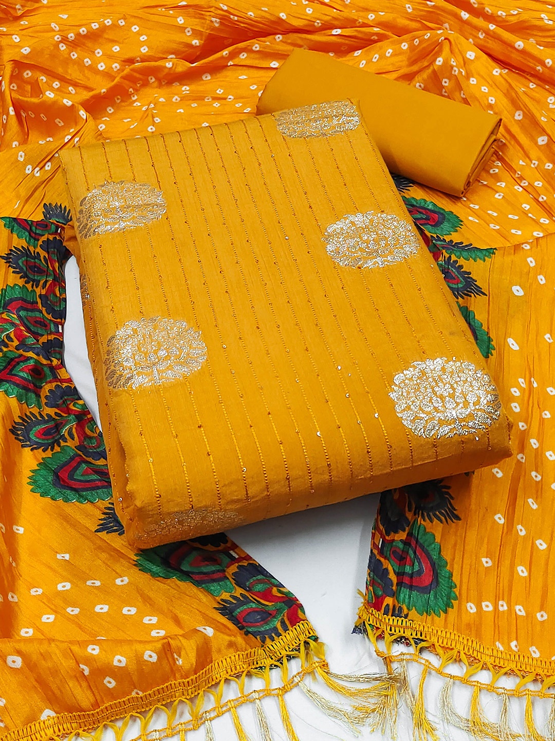 

MANVAA Woven Design Sequinned Unstitched Dress Material, Yellow