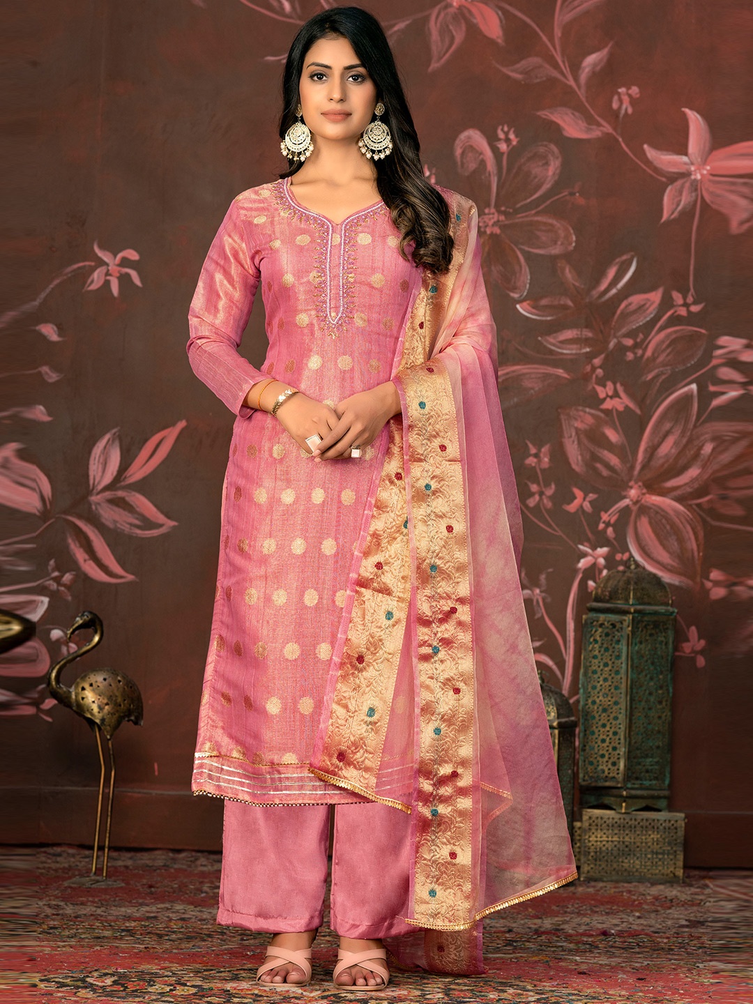 

MANVAA Floral Embellished Beads and Stones Unstitched Dress Material, Pink